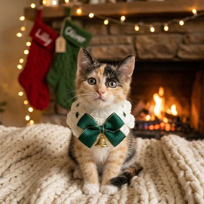 Chaton calico avec collier chat festif blanc et vert.