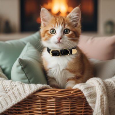 Chaton dans un panier portant un collier pour chat de luxe

