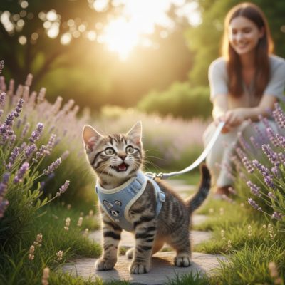 Chaton heureux avec harnais chaton femme souriante lavande