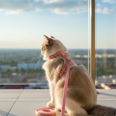 Chaton porta un harnais chaton rose sur balcon vue ville ensoleillée
