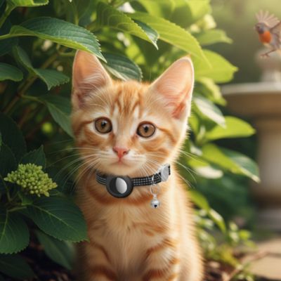 Chaton roux avec collier-GPS-chat noir noir dans un jardin ensoleillé.