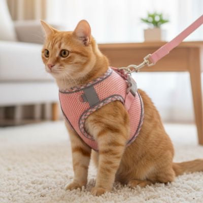 Chaton roux avec harnais chat rose assis