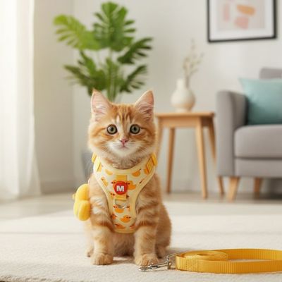 Chaton gris avec harnais chaton jaune canard assis au salon