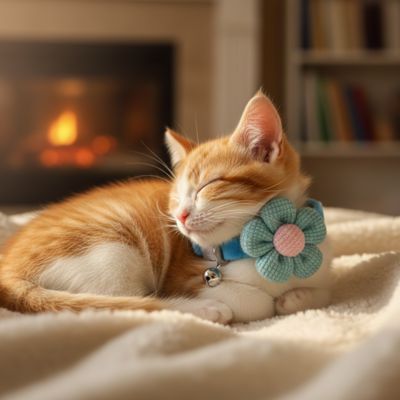Chaton roux et blanc mignon se reposant avec un collier chat bleu