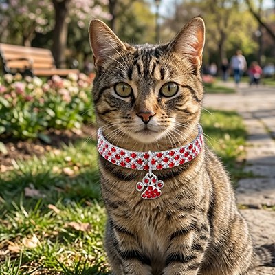 Collier pour chat de luxe avec strass rouge et pendentif patte sur un chat au parc