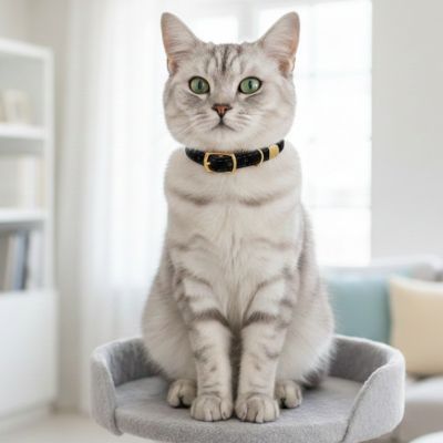 Collier pour chat de luxe en cuir noir floqué couronne sur un chat gris