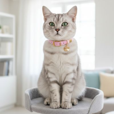 Collier pour chat de luxe en cuir rose floqué couronne sur un chat gris

