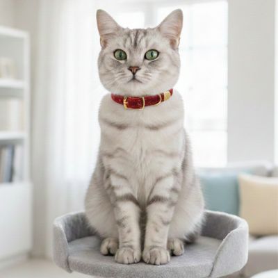 Collier pour chat de luxe en cuir rouge floqué couronne sur un chat gris
