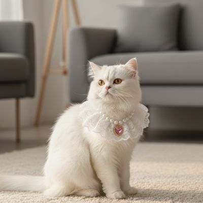 Collier pour chat de luxe en perles, col en dentelle et coeur rose sur un chat blanc