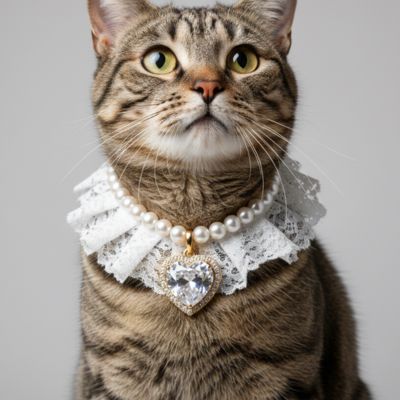 Collier pour chat de luxe en perles nacrées et coeur blanc saphir sur chat tigré