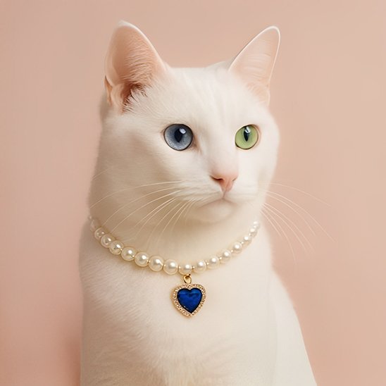 Collier pour chat de luxe en perles nacrées et coeur bleu porté par un chat blanc