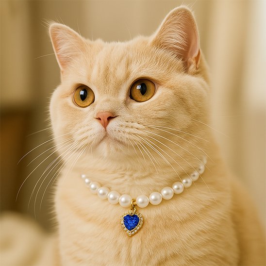 Collier pour chat de luxe en perles nacrées et coeur bleu saphir sur un chat tigré