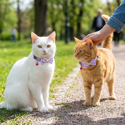 Deux chats avec des collier chat violets dans un parc.