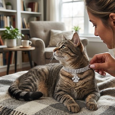 Femme ajustant un collier pour chat de luxe avec strass blanc sur son chat allongé