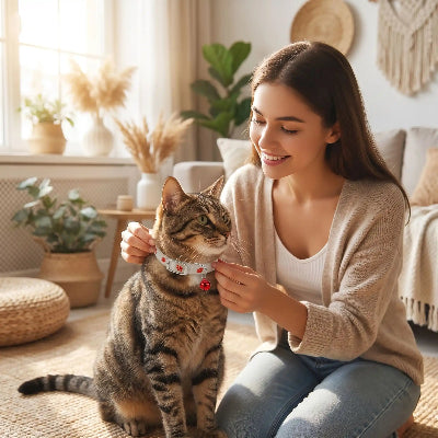 Femme ajuste un collier chat lumineux rouge au salon.
