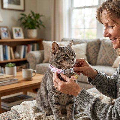 Femme ajuste un collier chat rose et
 bleu porté par un chat a la maison.
