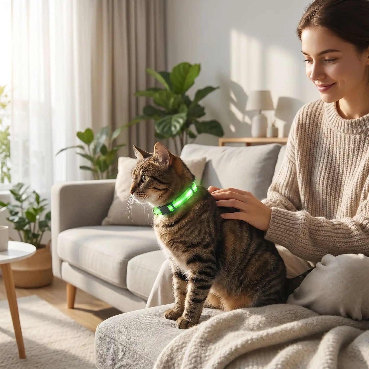 Femme au salon avec un chat et son collier lumineux pour chat.