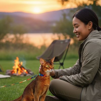 Femme caressant chat Abyssin avec harnais pour chat au camping