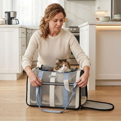 Femme cuisine ajustant sac de transport chat bleu avec chat calme.
