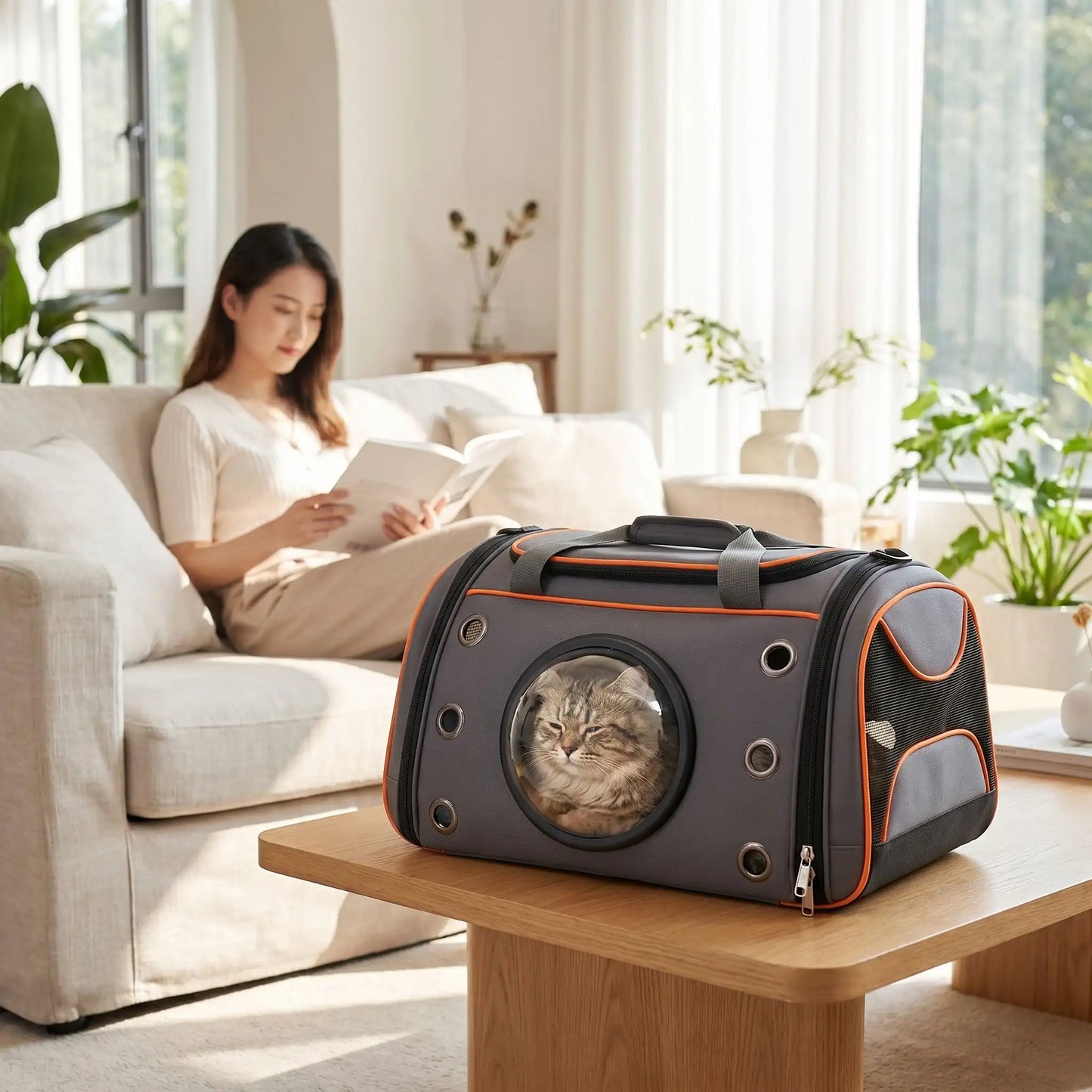 Femme lisant près d'un sac de transport pour chat rose.