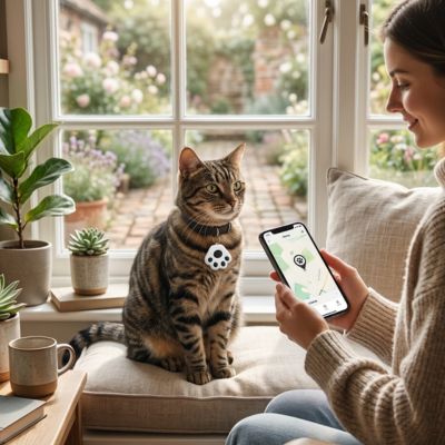 Femme localisant son chat tigré via une puce GPS chat.
