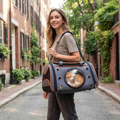 Femme marchant en ville avec sac de transport pour chat rose.