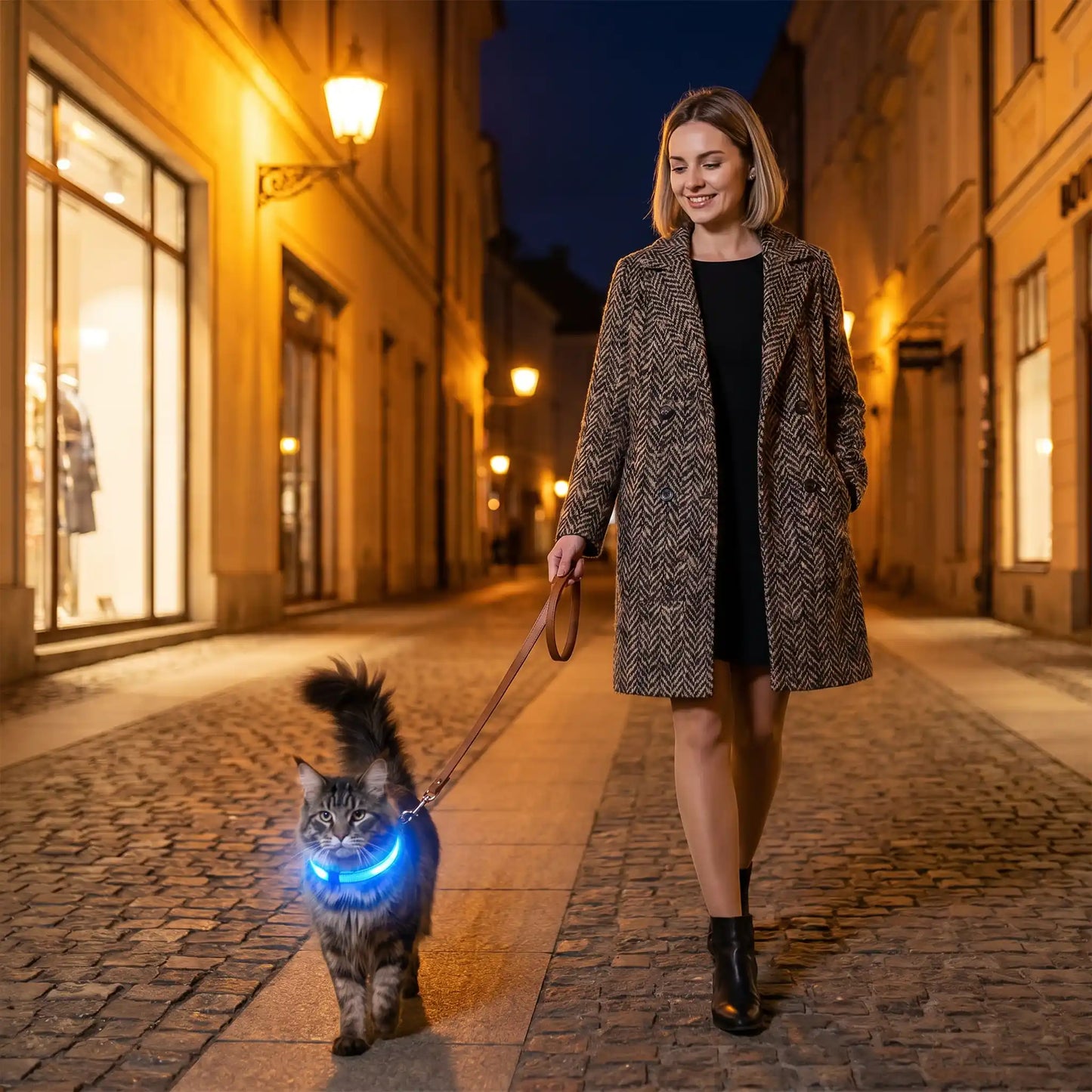 Femme marche la nuit avec un collier 
lumineux pour chat.