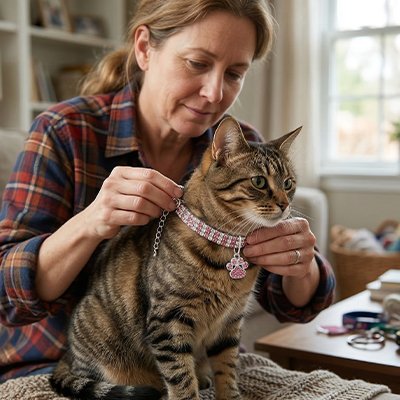 Femme mettant collier chat rose scintillant a un chat tigre.