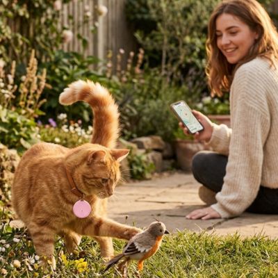 Femme observant son chat portant une puce GPS chat rose.