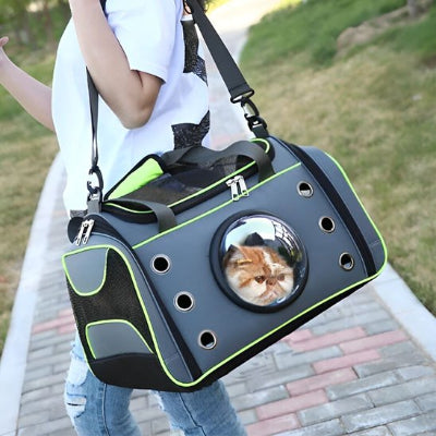 Femme portant un sac de transport pour chat gris à bulle.

