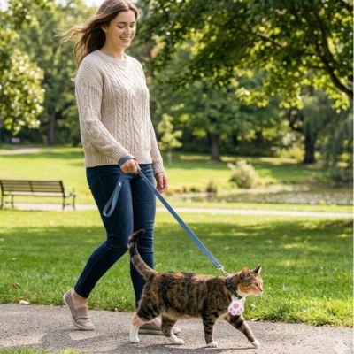 Femme promenant son chat au parc avec puce GPS chat.
