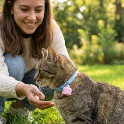 Femme souriante avec chat tigré avec un traceur GPS chat rose nature.