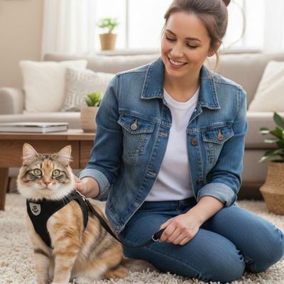 Femme souriante chat roux avec harnais chat Anti-Fugue noir laisse au salon 