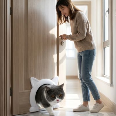 Femme souriante porte en bois chat passant par chatière blanche.

