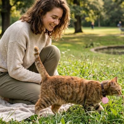 Femme surveillant son chat grâce à une puce GPS chat.

