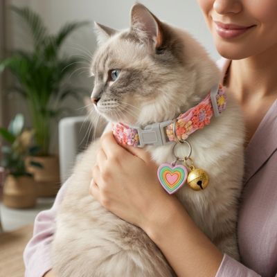 Femme tenant un chat avec collier cœur scène familiale tendre.