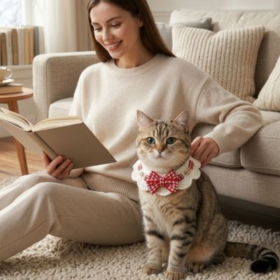 Femme tient chat portant un collier chat noir en crochet avec nœud papillon.

