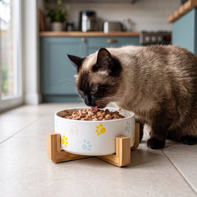 Gamelle Chat surélevée ceramique avec support bambou