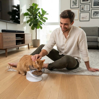 Gamelle chat avec bol transparent amovible et support blanc
