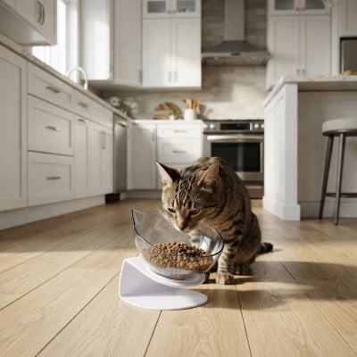 Gamelle chat avec bol transparent et support blanc dans une cuisine