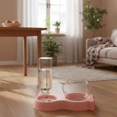 Gamelle chat double rose pastel avec réservoir d'eau 