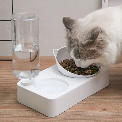 Gamelle chat double surélevée blanche avec réservoir d'eau 