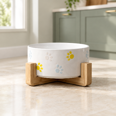 Gamelle chat en céramique 600 ml sur support en bambou, taille M