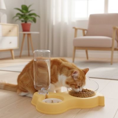 Gamelle chat ergonomique jaune avec bol transparent 