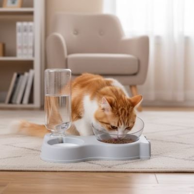 Gamelle chat grise avec bol transparent et eau