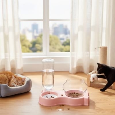 Gamelle chat inclinée rose avec chat qui mange