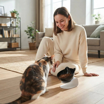 Gamelle chat noire avec support blanc dans un espace repas moderne
