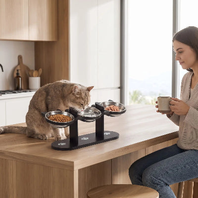 Gamelle chat surélevée Chat sur la table de cuisine
