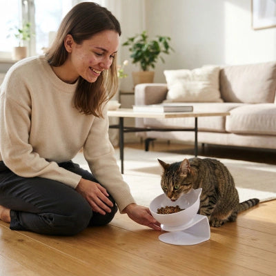 Gamelle chat surélevée et inclinée avec bol blanc
