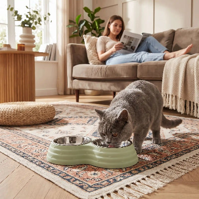 Gamelle-double-inox-chat-vert-avec deau.